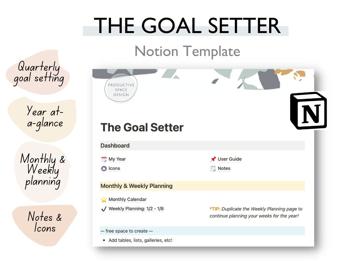 Notion Template: The Goal Setter Digital Planner & Notion Icons